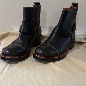 Coach Black Leather Women's Ankle Boots with Brown Trim